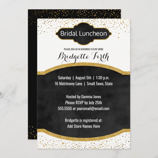 Bridal Luncheon | Black Gold Glitzer Brautparty Einladung (Vorne/Hinten)