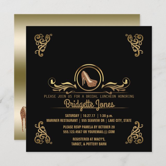 Bridal Luncheon Black Gold| Hochzeitliches Brautpa Einladung (Vorne/Hinten)