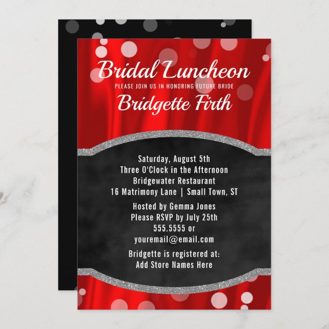 Bridal Luncheon | Elegantes Rotes Schwarzes Brautp Einladung (Vorne/Hinten)
