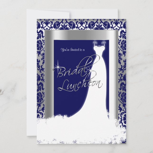 Bridal Luncheon in Navy Blue Damask & Silver Einladung (Vorderseite)