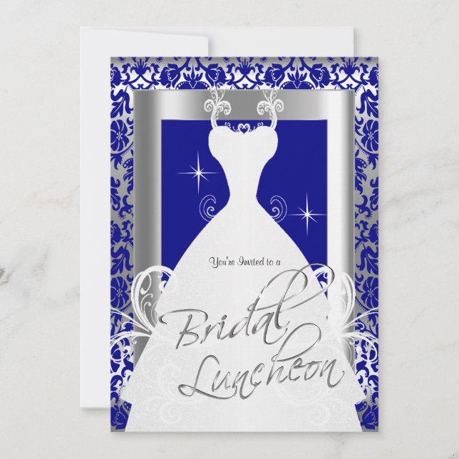 Bridal Luncheon in Royal Blue Damask & Silver Einladung (Vorderseite)