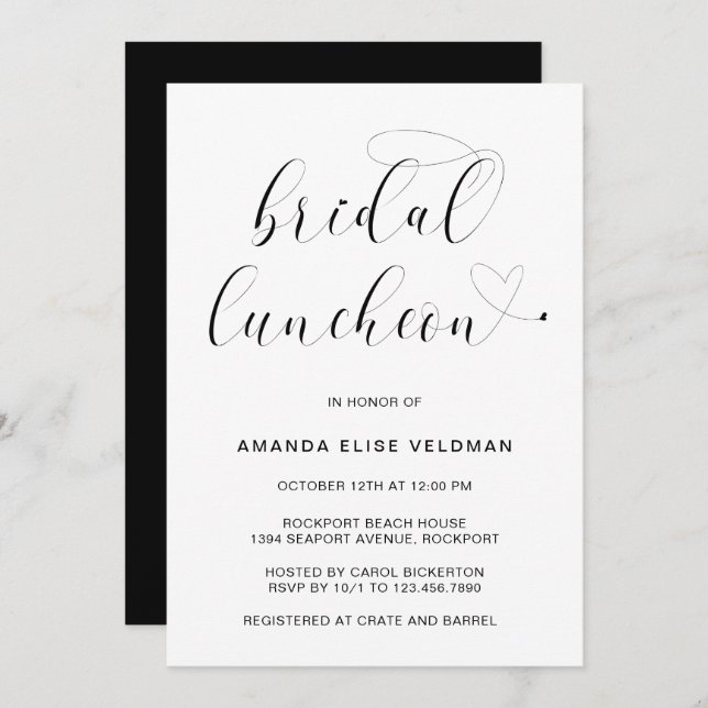 Bridal Luncheon, Moderne Schwarz-Weiß-Typografie Einladung (Vorne/Hinten)
