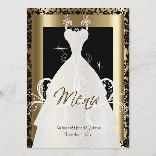 Bridal-Menü in Gold und Black Damask Menükarte (Vorderseite)
