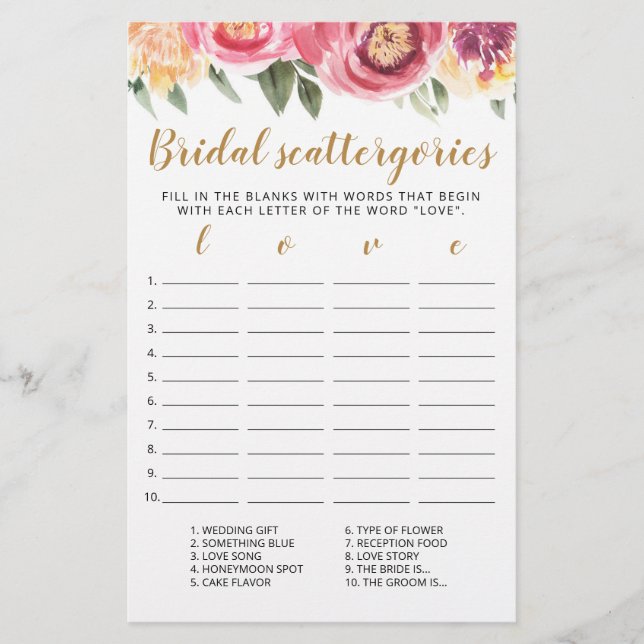 Bridal Scattergories bearbeitbares Brautparty (Vorderseite)