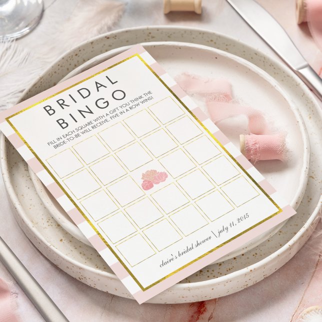 Bridal Shower Bingo Game Card | Pink Stripe Peony (Von Creator hochgeladen)