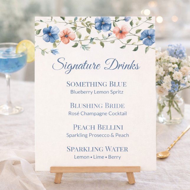 Bridal Shower Dusty Blue Floral Drink Menu (Von Creator hochgeladen)