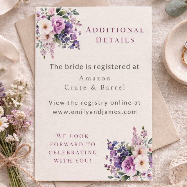 Bridal Shower Event Details Romantic Purple Floral Begleitkarte (Von Creator hochgeladen)