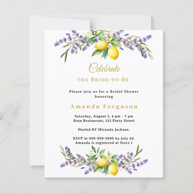 Bridal Shower lavender florals lemons invitation (Vorderseite)