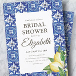 Bridal Shower Lemon Foliage Blue Mediterranean Einladung<br><div class="desc">Composed of serif and cursive script typography. All against a watercolor backdrop of blue and white Mediterranean Spanish tiles with greenery foliage leaves,  lemons and wild floral flower botanicals.

This is designed by White Paper Birch Co.,  exclusive for Zazzle.

Available here:
http://www.zazzle.com/store/whitepaperbirch</div>