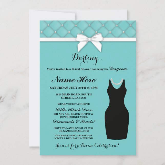 Bridal Shower Party Blue Black Dress Pearls Invite Einladung (Vorderseite)