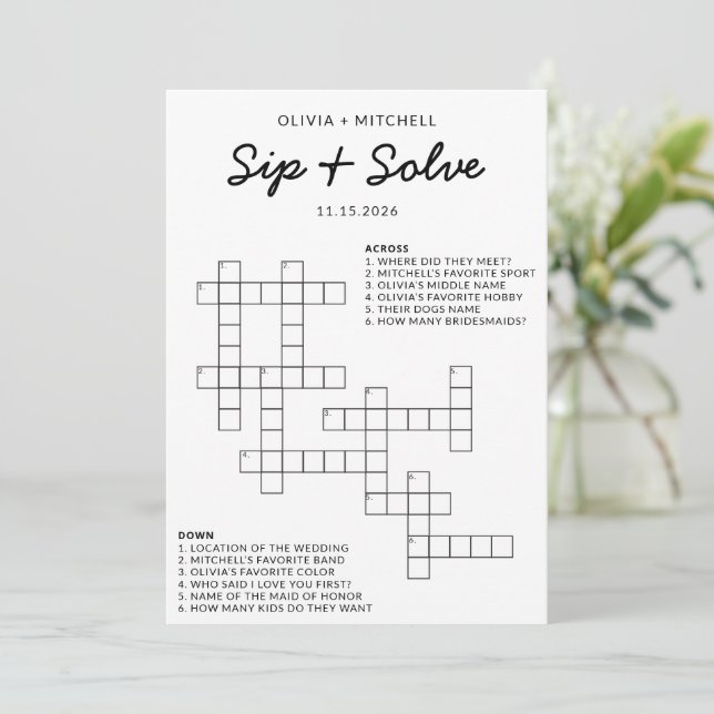 Bridal Shower Sip and Solve Fun Crossword Game Hinweiskarte (Stehend Vorderseite)
