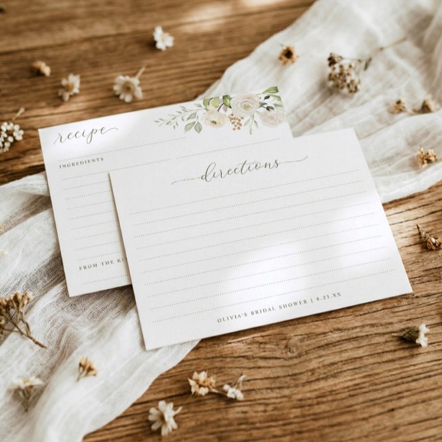 Bridal Shower Watercolor Floral Greenery Recipe Begleitkarte (Elegant bridal shower recipe cards with watercolor white flowers and greenery - double sided)