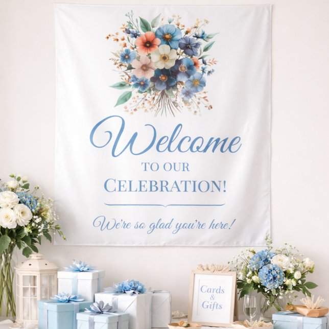 Bridal Shower Welcome Sign Blue Floral Event Sign Wandteppich (Von Creator hochgeladen)