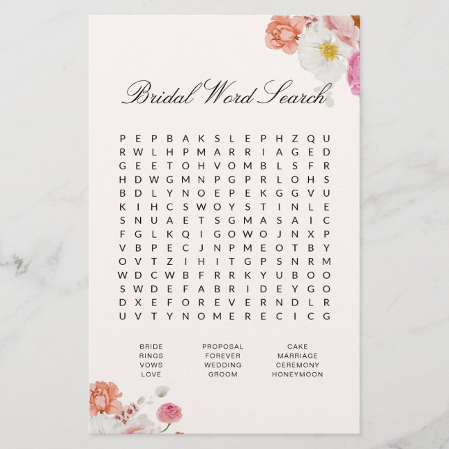 Bridal Shower Word Search Floral Game Card (Vorderseite)