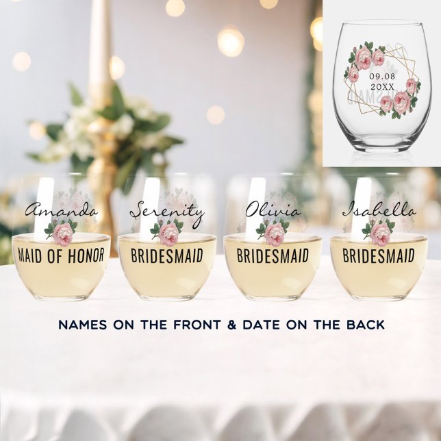 Bridal Team Gold Glitzer Geo Pink Blumenzwiebelhoc Weinglas Ohne Stiel (Bridal Team Gold Glitter Geo Pink Floral Wedding Stemless Wine Glass)