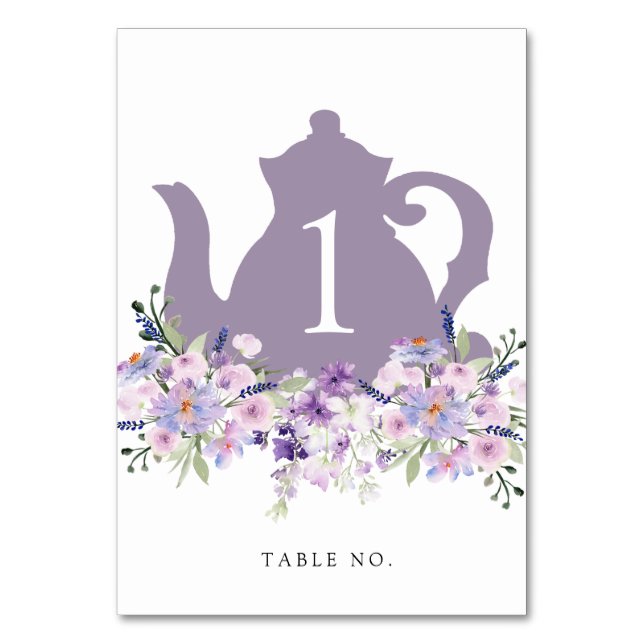 Bridal Tee Dusche Lila Teapot Tischnummer (Vorderseite)