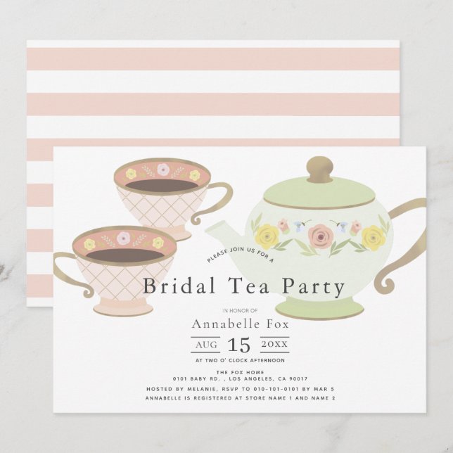 Bridal Tee Party Tea Pot & Cups Brautparty Einladung (Vorne/Hinten)