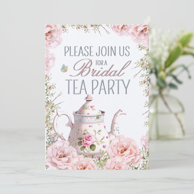 Bridal Tee Party Teapot Teacups Hochzeitsfest Einladung (Stehend Vorderseite)