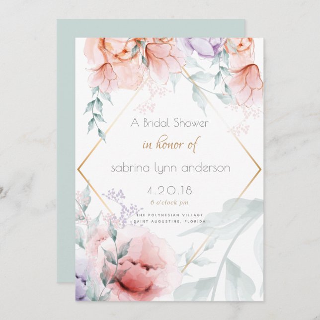 Bridal | Trendy Coral und Lilac Aquarelle Peonies Einladung (Vorne/Hinten)