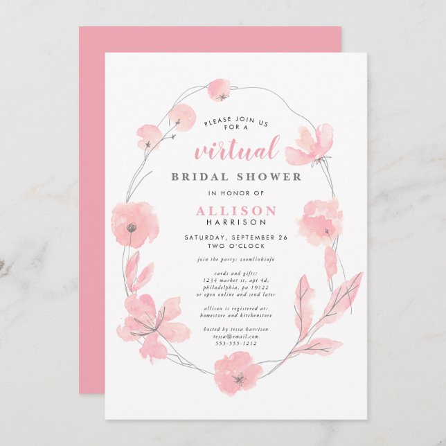 Bridal Virtual Shower | Rosa Blumenfarbe Einladung (Vorne/Hinten)