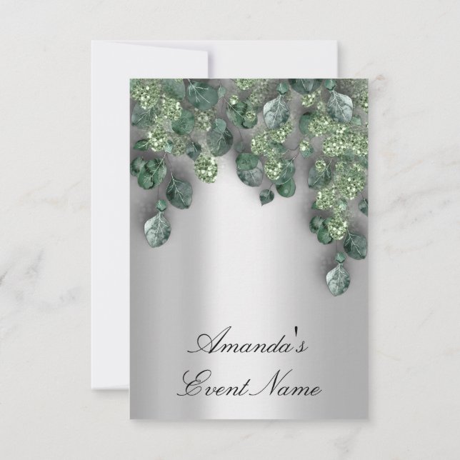 Bridal Weddi Glitzer Brun Gray Eukalyptus Greenery Einladung (Rückseite)