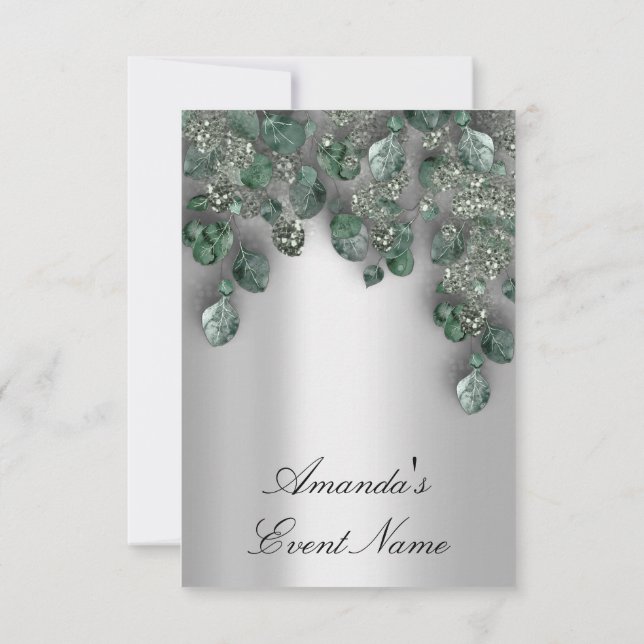 Bridal Weddi Glitzer SmokyGray Eukalyptus Greenery Einladung (Rückseite)