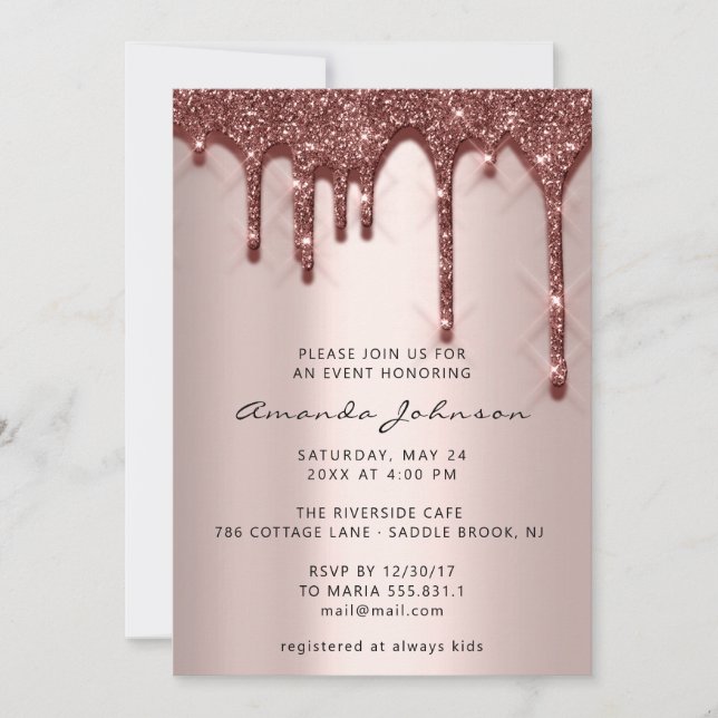 Bridal Wedding Birthday 16. Rose Gold 3D Tropfen Einladung (Vorderseite)
