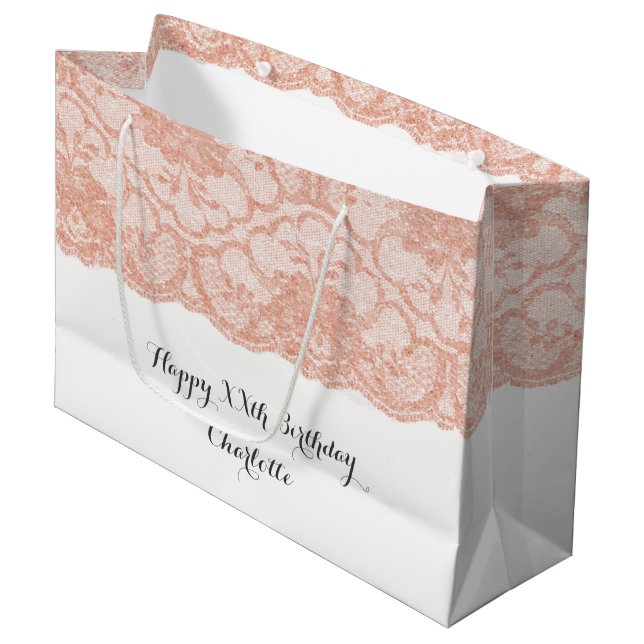 Bridal Wedding Birthday Pink Rose Gold Lace Große Geschenktüte (Vorderseite Schrägansicht)