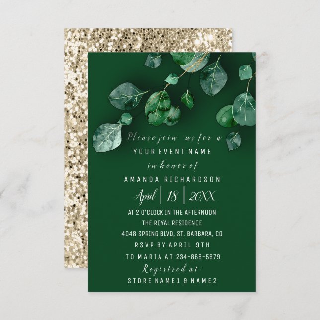 Bridal Wedding Eukalyptus Greenery Gold Glitzer Einladung (Vorne/Hinten)