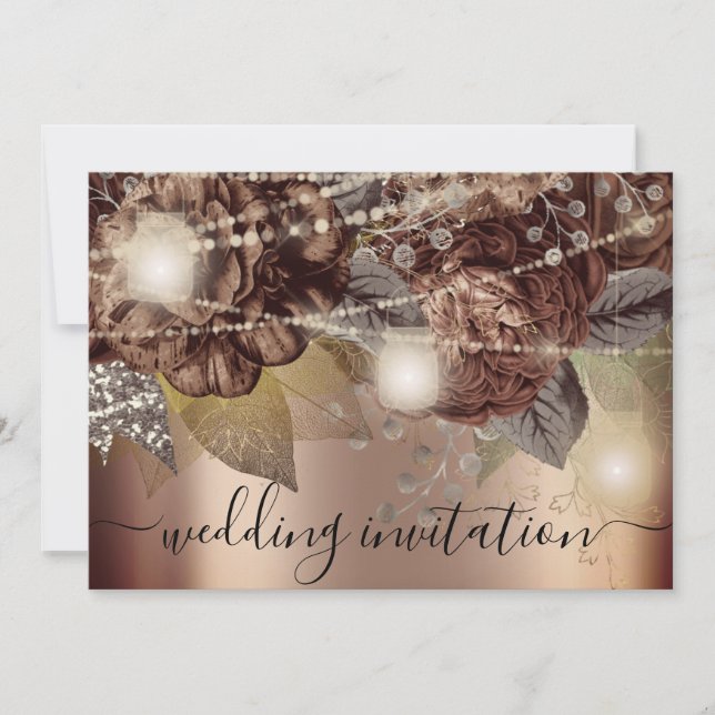 Bridal Wedding Rose Gold Brown Rose Lights Einladung (Vorderseite)