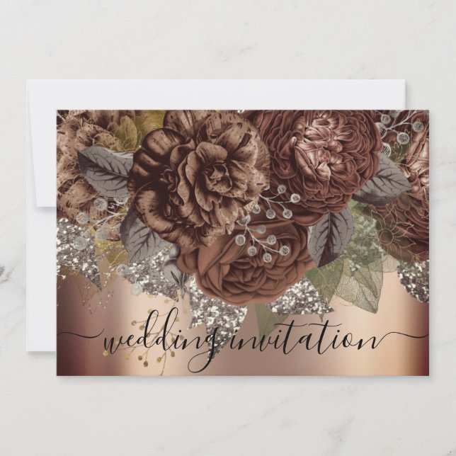 Bridal Wedding Rose Gold Brown Rose Silver Einladung (Vorderseite)