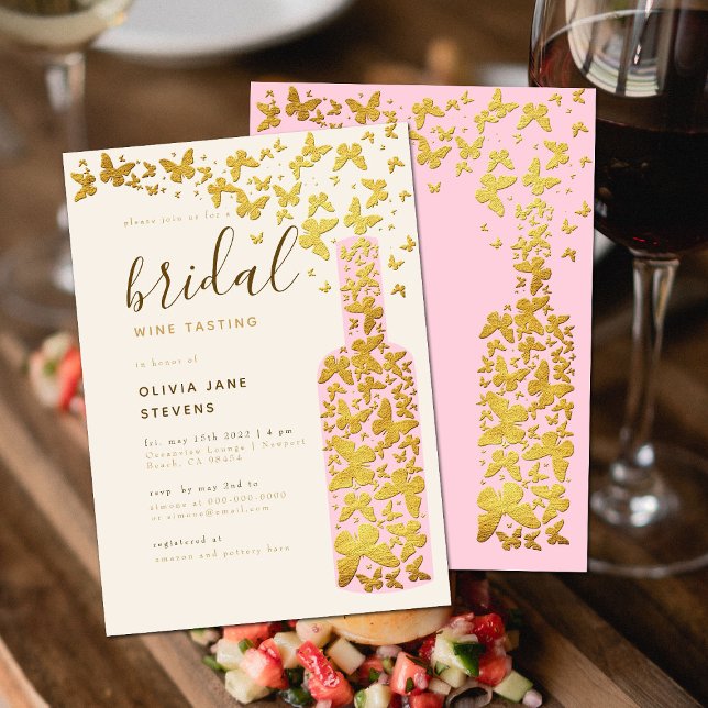 Bridal Wine Party Rosa Flasche Gold Schmetterlinge Einladung (Von Creator hochgeladen)