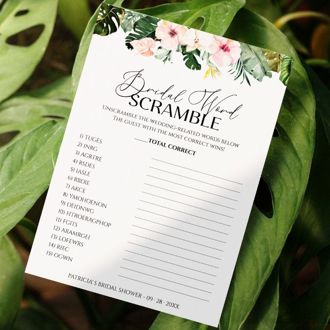 Bridal Word Scramble Game Tropical Floral Card Einladung (Von Creator hochgeladen)