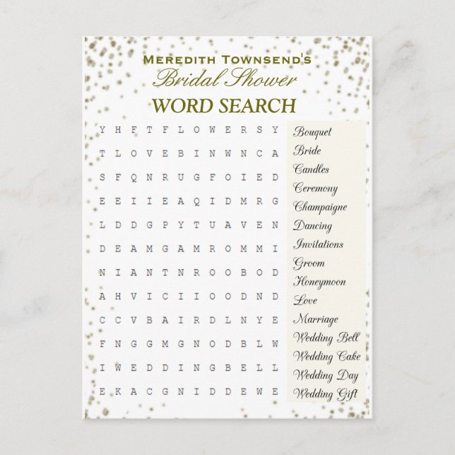Bridal Word Search | Gold Confetti Einladungspostkarte (Vorderseite)