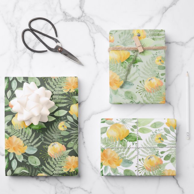Bridal Yellow Peonies und Green Ferns Geschenkpapier Set (Vorderseite)