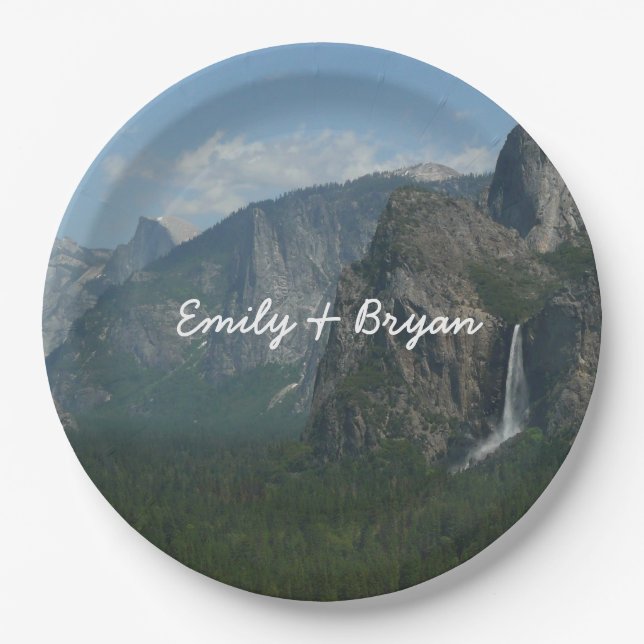 Bridalveil Falls und Halb Dome bei Yosemite Pappteller (Vorderseite)