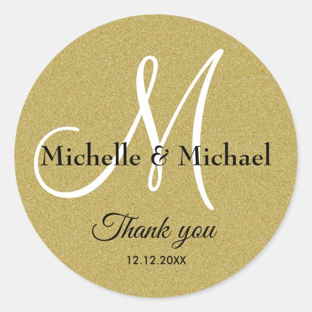 Bride And Groom Monogram Gold Glitter Thank You Runder Aufkleber (Vorderseite)