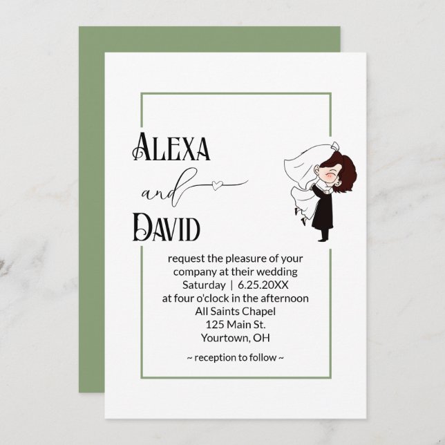 Bride and Groom with Sage Green Border Einladung (Vorne/Hinten)