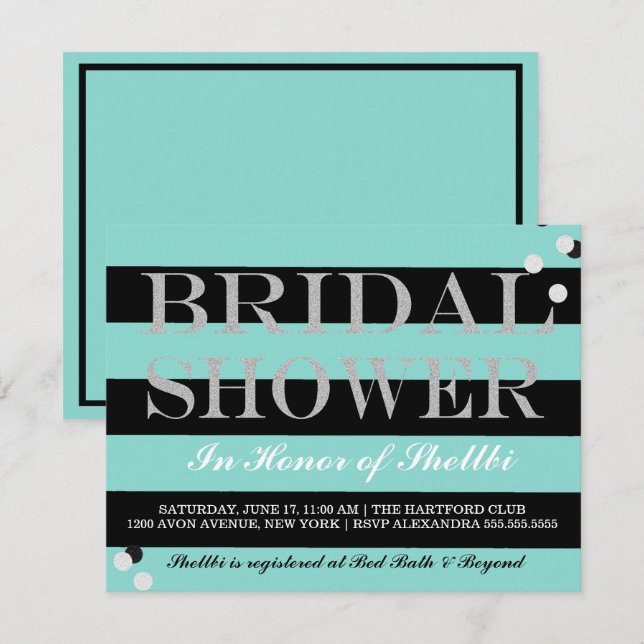 BRIDE & Bridesmaids Black Aquamarin Blue Brautpart Einladung (Vorne/Hinten)