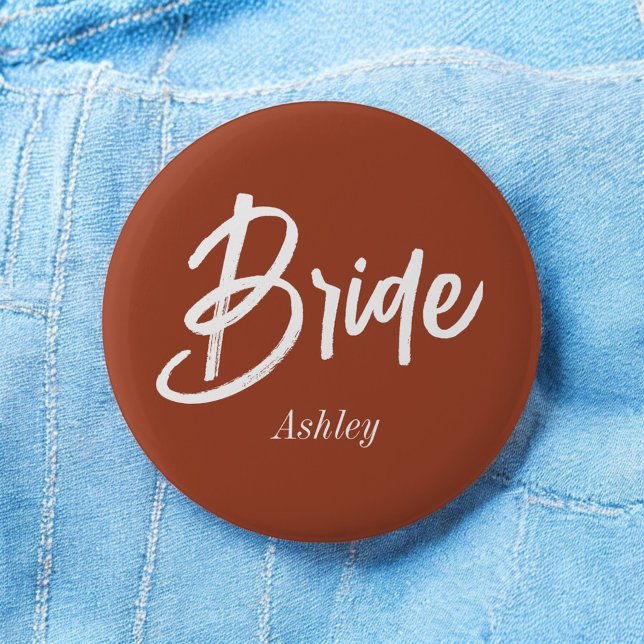 Bride Brown Wedding Terracotta Script Button (Von Creator hochgeladen)