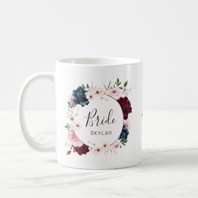 Bride Burgundy & Navy Rose Wasserfarbenkrez Kaffeetasse (Links)