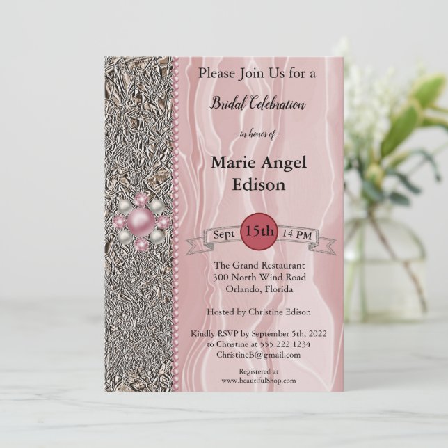 Bride Celebration Foil & Dusty Rose Seide, Perlen  Einladung (Stehend Vorderseite)
