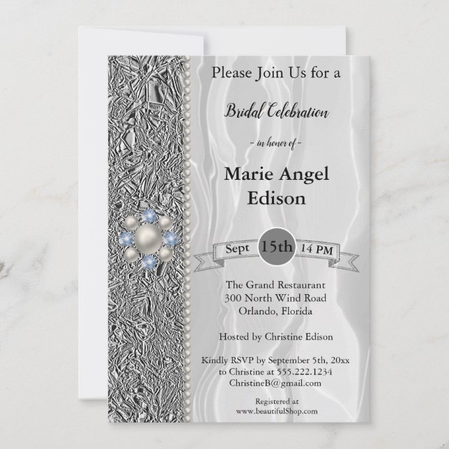 Bride Celebration Silver Foil, White Silk & Pearls Einladung (Vorderseite)