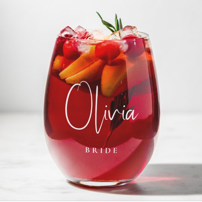 Bride Chic White Script Wedding Weinglas Ohne Stiel (Von Creator hochgeladen)