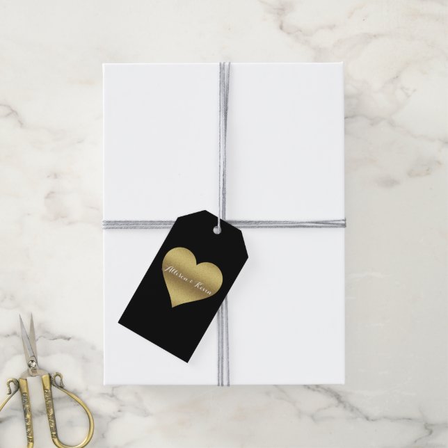 BRIDE & CO Black & Gold Heart Wedding Brautparty Geschenkanhänger (Mit Garn)