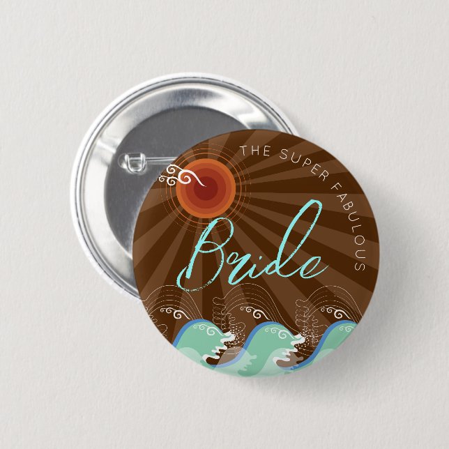 BRIDE Cool Waves & Brown Sun Chic Beach Wedding Button (Vorne & Hinten)