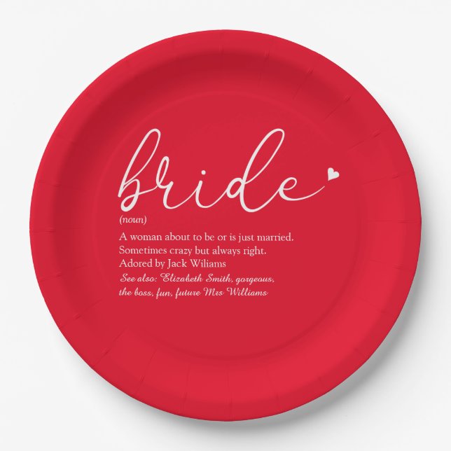 Bride Definition Brautparty Chic Script Red Pappteller (Vorderseite)
