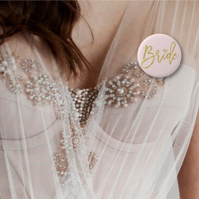 Bride Diamond Chic Gold Brush Wedding Brautparty Button (BRIDE Diamond Gold Brush Script Wedding / Bridal / Bachelorette Party Button @ fatfatin_blue_knot)