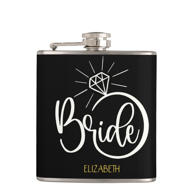 Bride Diamond Ring Black and Gold Wedding Flask Flachmann (Vorderseite)