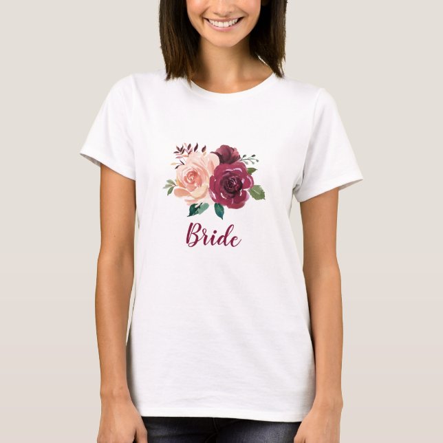 Bride Dusty Rose Burgundy Floral Wedding T-Shirt (Vorderseite)